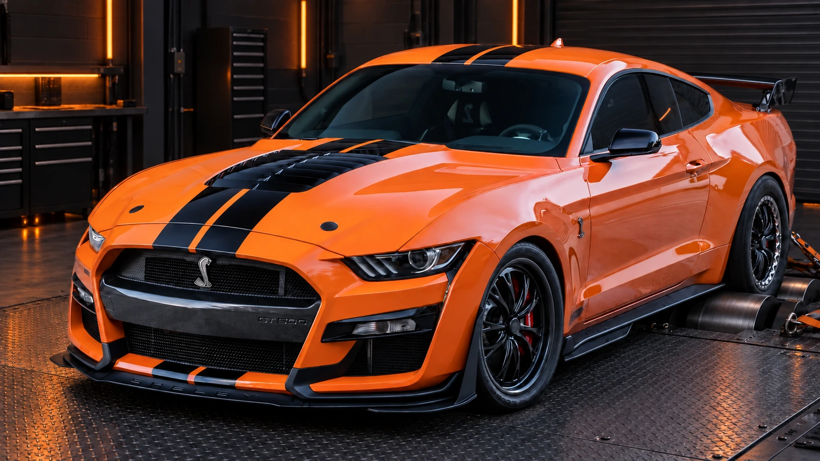 Orange Shelby GT500 from the supplied TopSpeed article, edited onto a rear-wheel dyno with front tires on solid decking